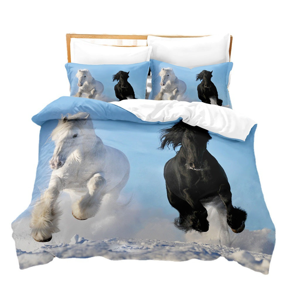 Animal Horse Pattern 3-Piece Quilt Cover Set Coral Fleece Bedding Home Textile