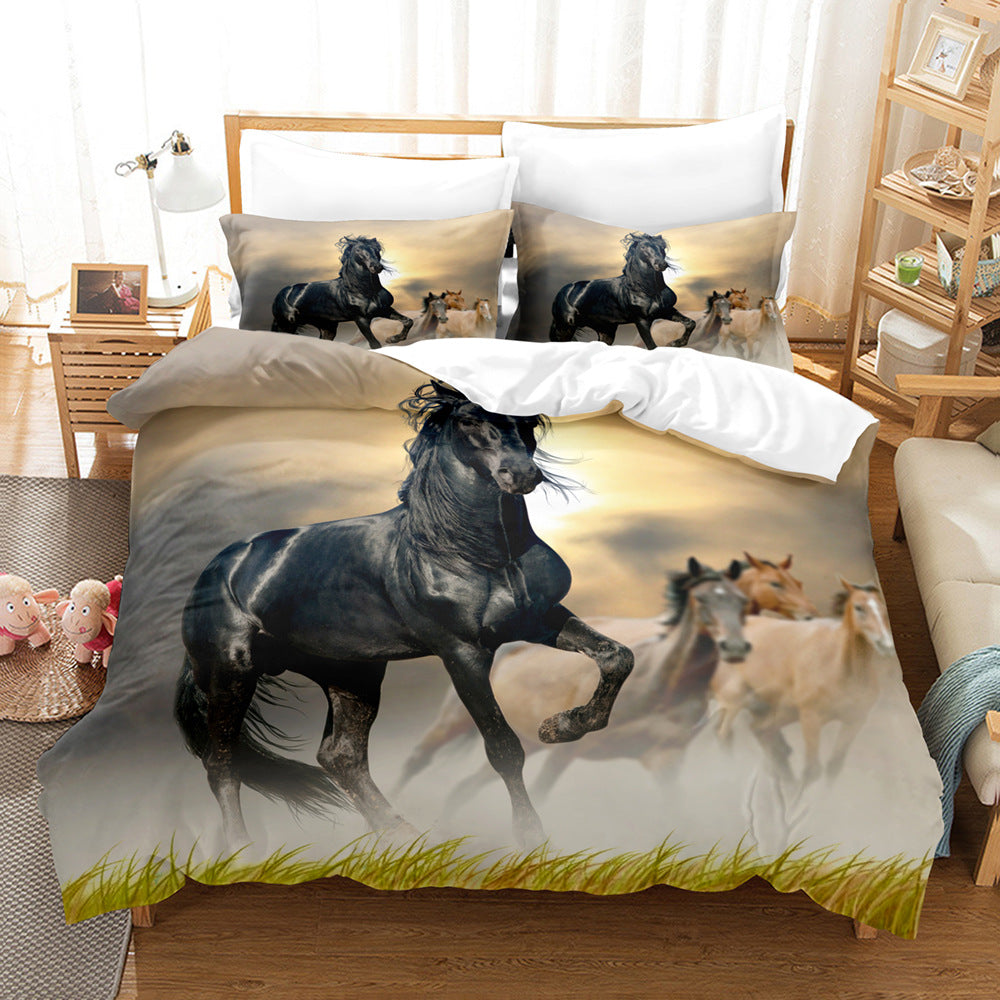 Animal Horse Pattern 3-Piece Quilt Cover Set Coral Fleece Bedding Home Textile