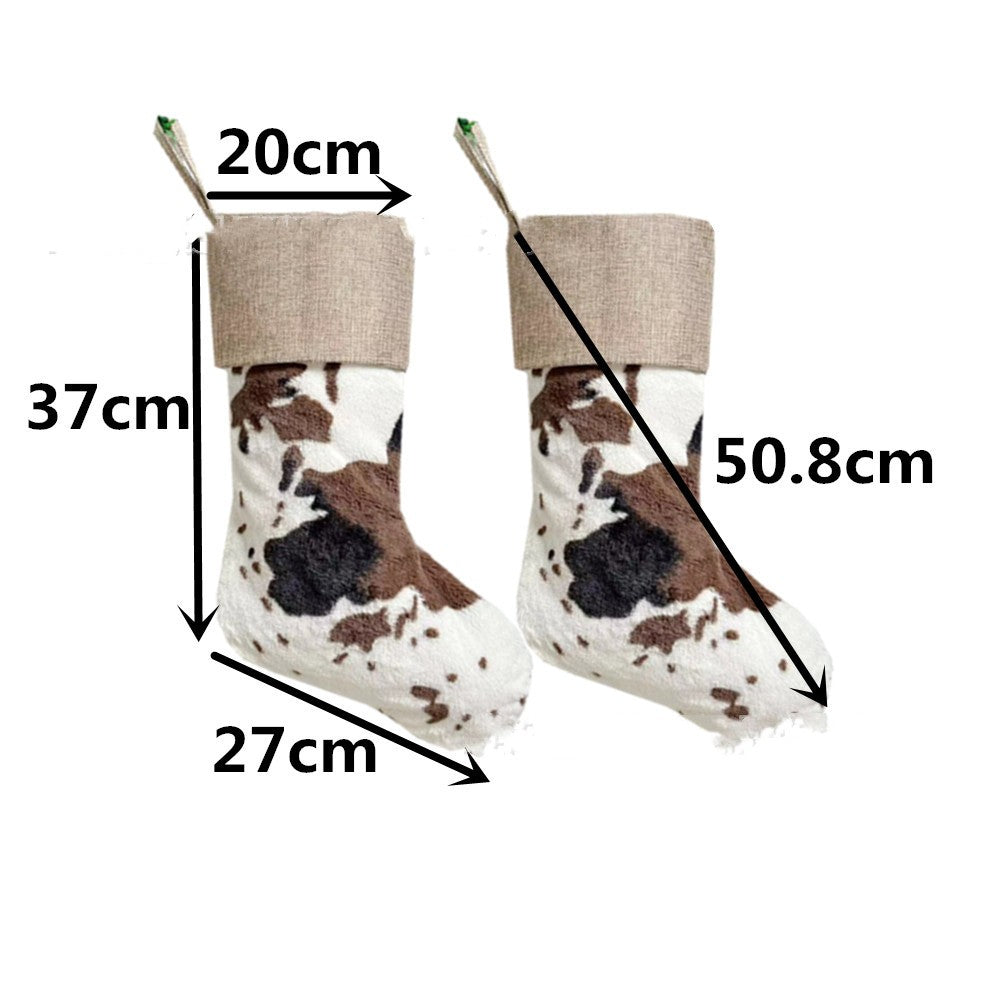 20-Inch Plush Christmas Stockings Cow Pattern Gift Bag - Holiday Decor