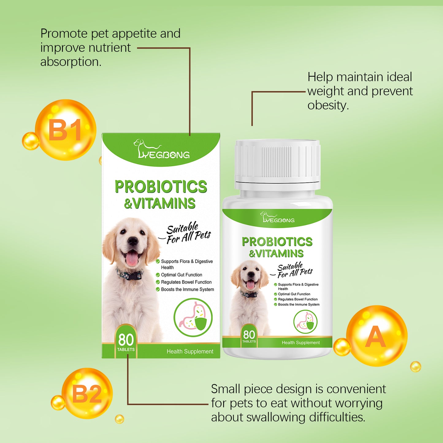 Pet Probiotics & Vitamin Tablets for Dogs & Cats - Gut & Immune Support, 80 Chewable Tablets
