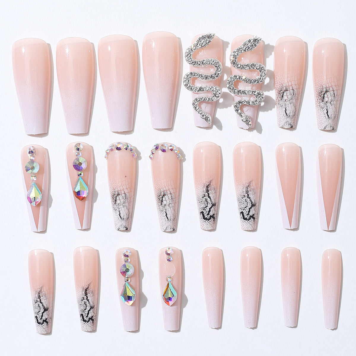 European Style Silver Snake Rhinestone False Nails Set - French Fragment Design
