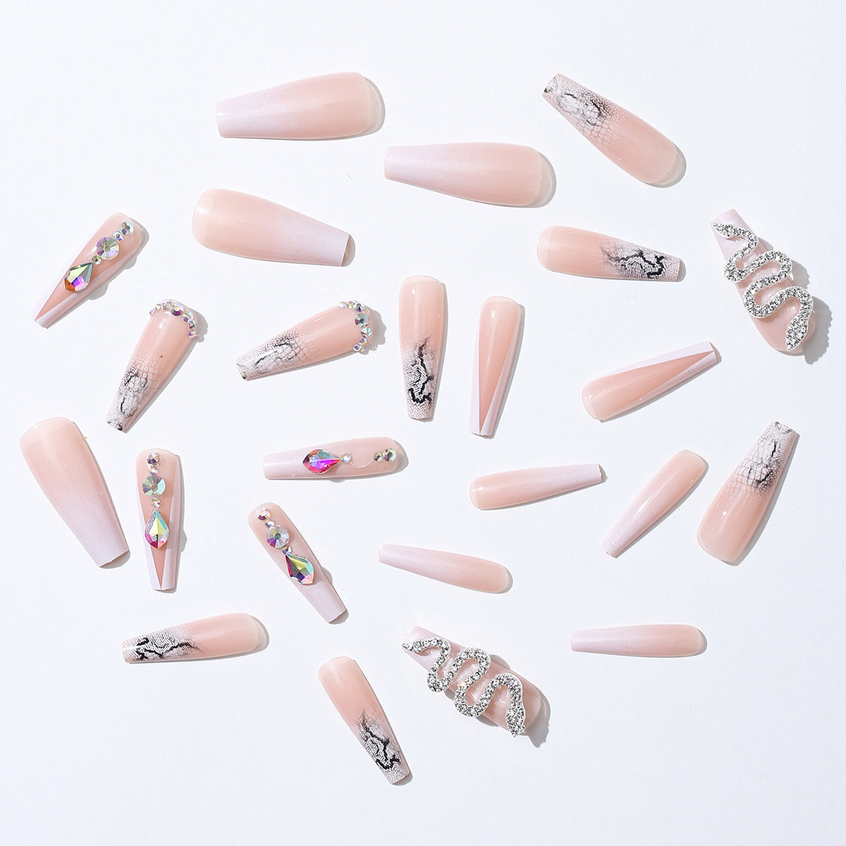 European Style Silver Snake Rhinestone False Nails Set - French Fragment Design