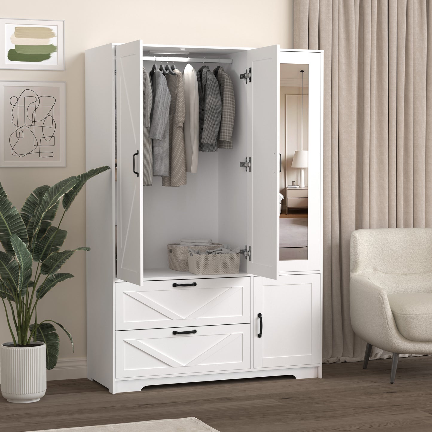 4-Door White Wardrobe Closet with Mirror & LED Lighting