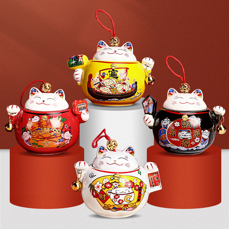 Ceramic Lucky Cat Tea Jar Storage Container - Japanese Style Household Gift Box