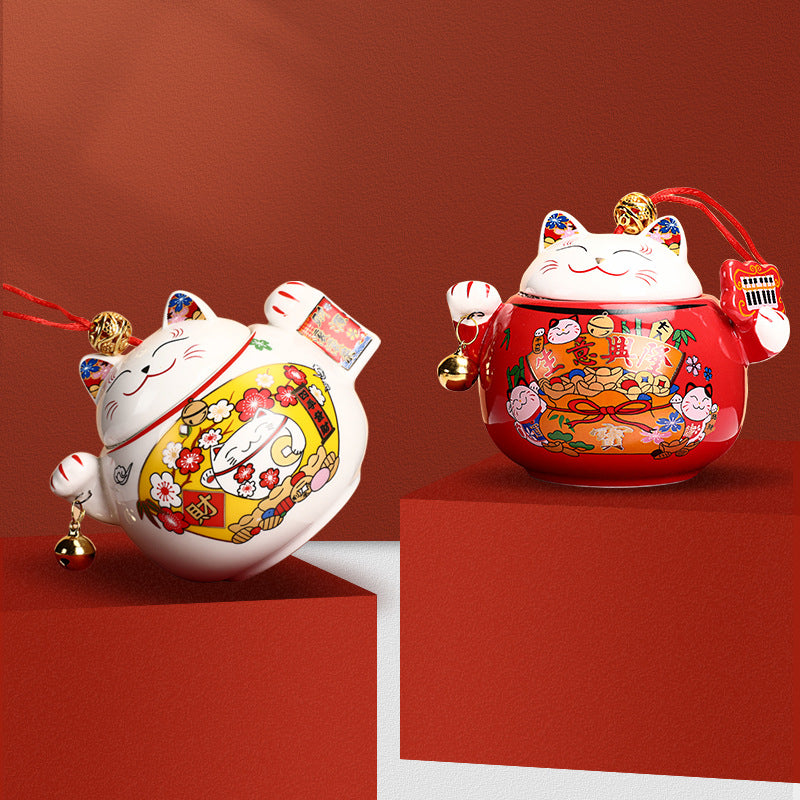 Ceramic Lucky Cat Tea Jar Storage Container - Japanese Style Household Gift Box