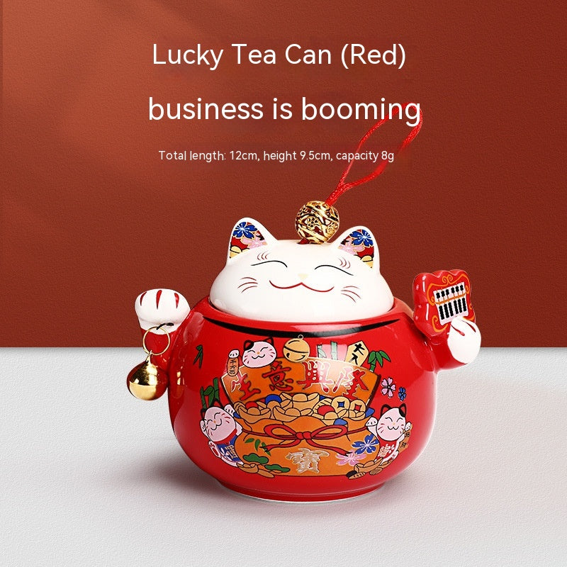 Ceramic Lucky Cat Tea Jar Storage Container - Japanese Style Household Gift Box