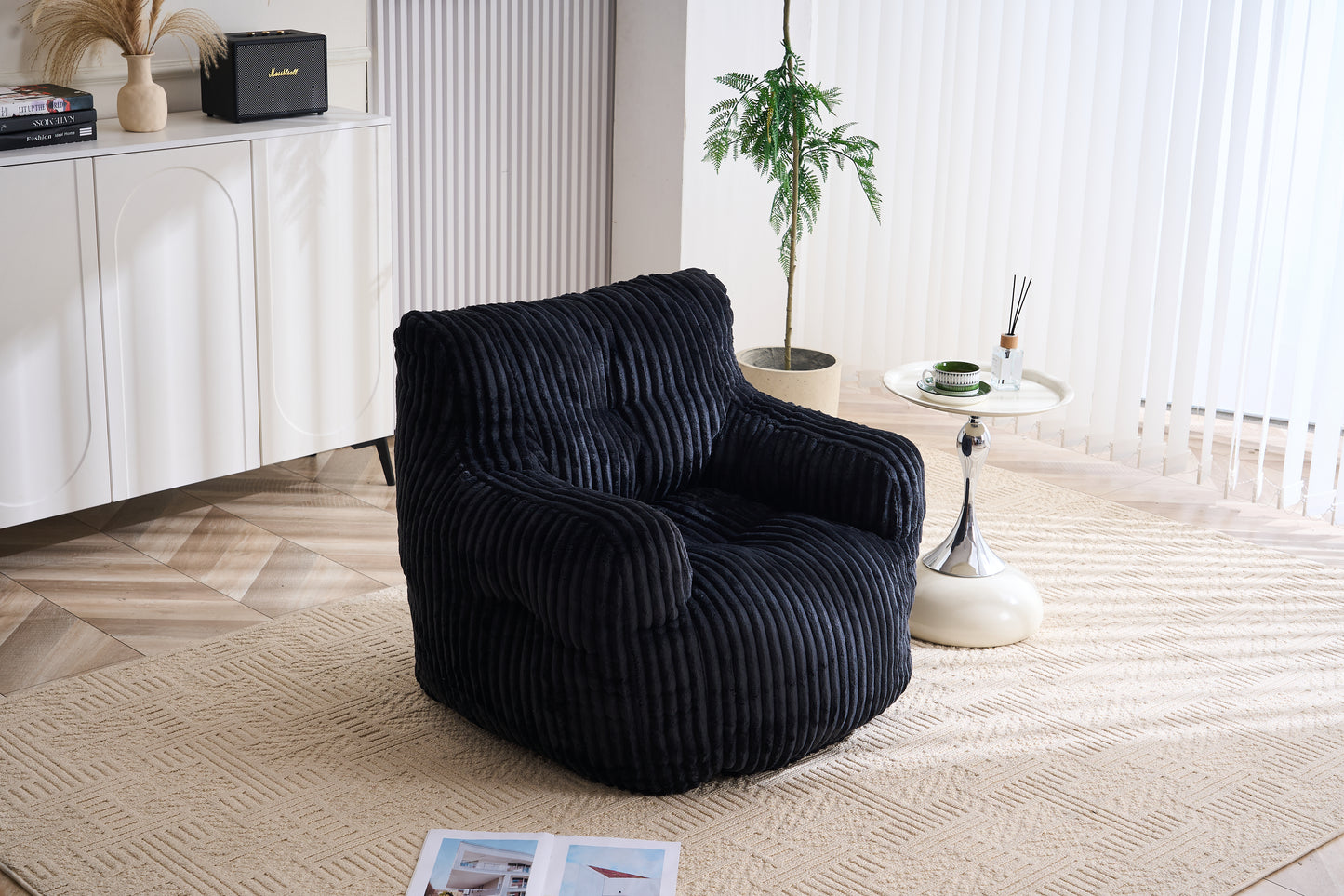 Soft Fluffy Corduroy Bean Bag Chair with Memory Foam - Black