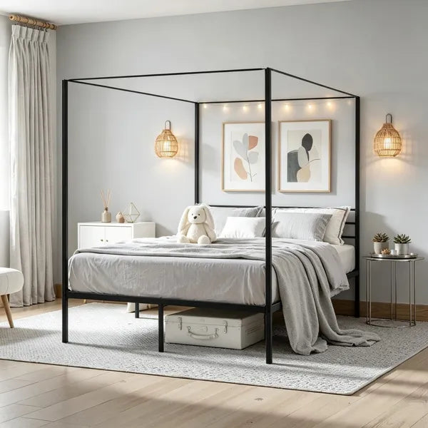 Sturdy Canopy Bed Frame with Storage Space - Metal Design