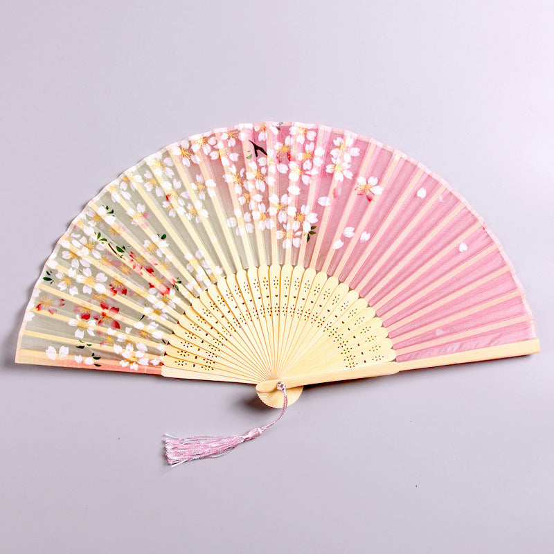 Silk Folding Fan with Bamboo Frame for Traditional Chinese Dance and Decor