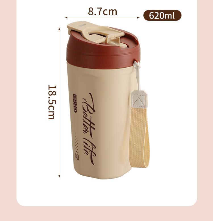 Stainless Steel Travel Mug with Straw Handle - Portable Coffee Cup 520ml-620ml
