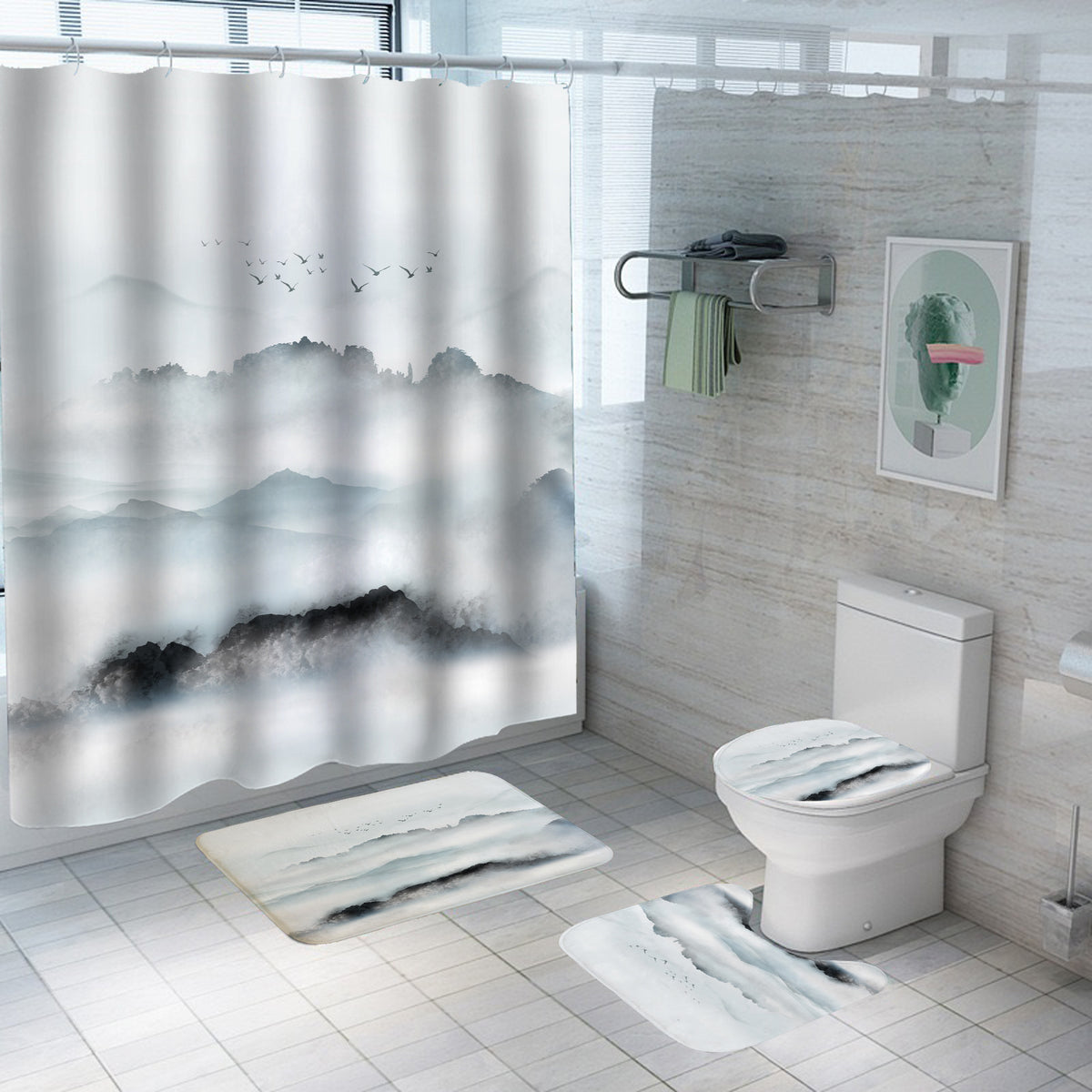 Digital Printing Polyester Bathroom Shower Curtain with Chinese Landscape Design
