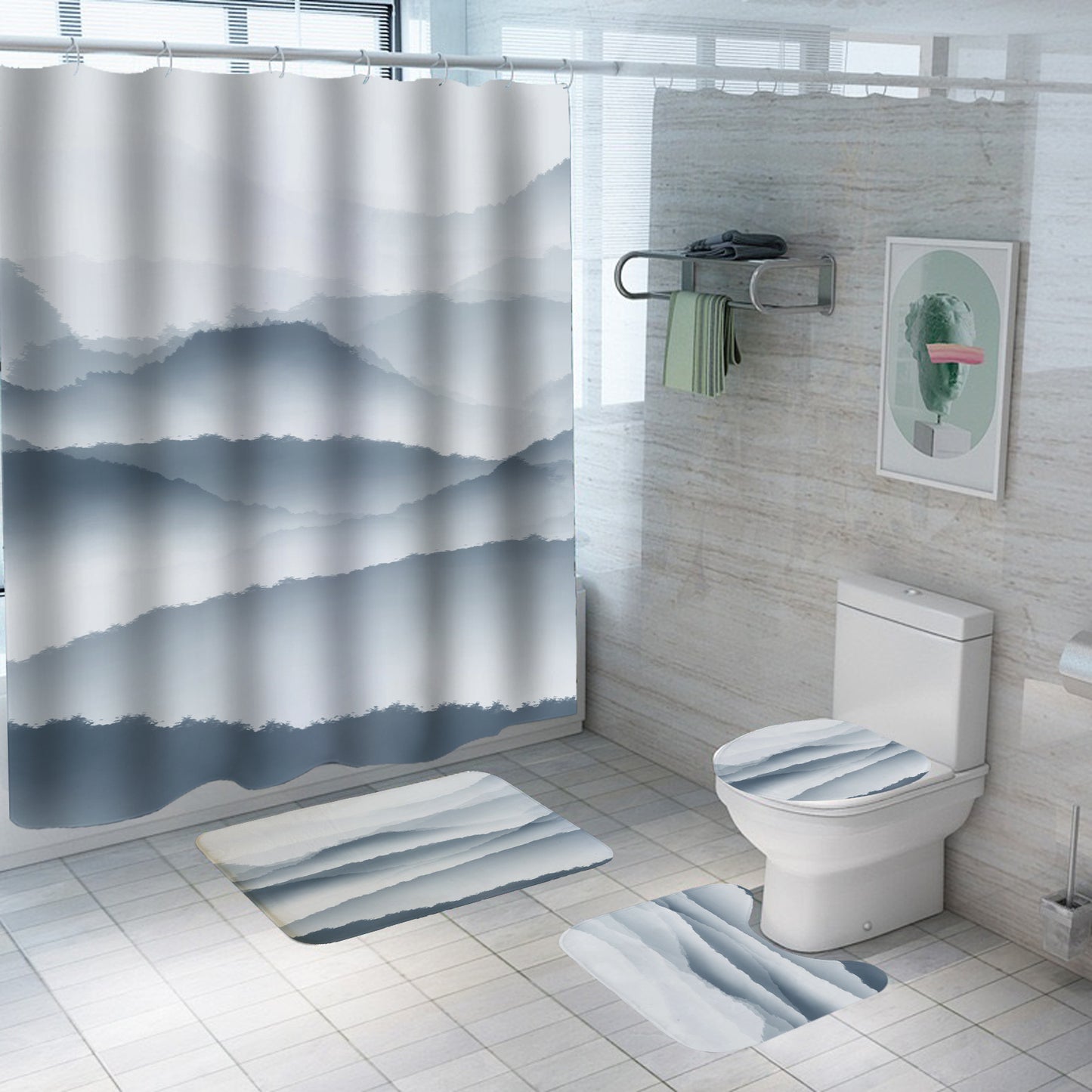 Digital Printing Polyester Bathroom Shower Curtain with Chinese Landscape Design
