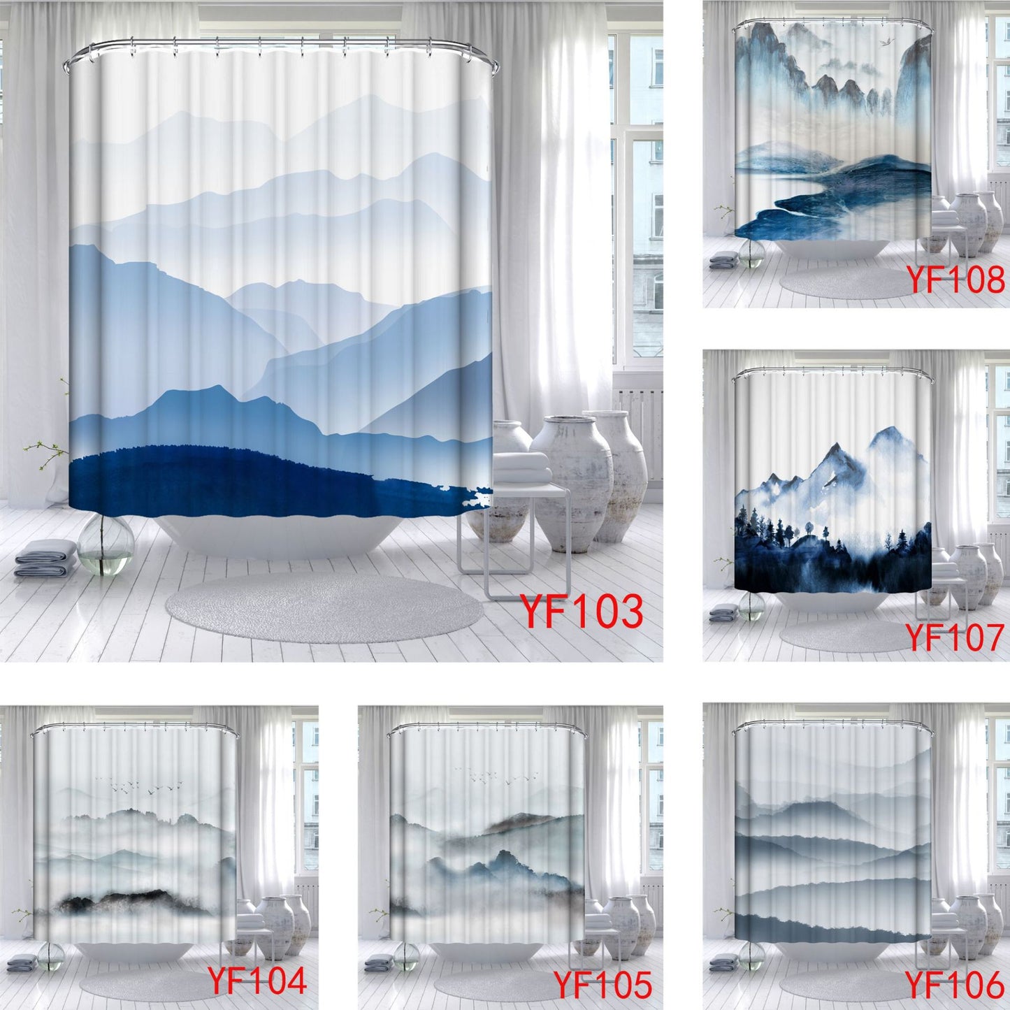 Digital Printing Polyester Bathroom Shower Curtain with Chinese Landscape Design