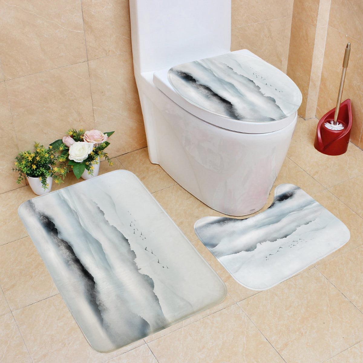 Digital Printing Polyester Bathroom Shower Curtain with Chinese Landscape Design