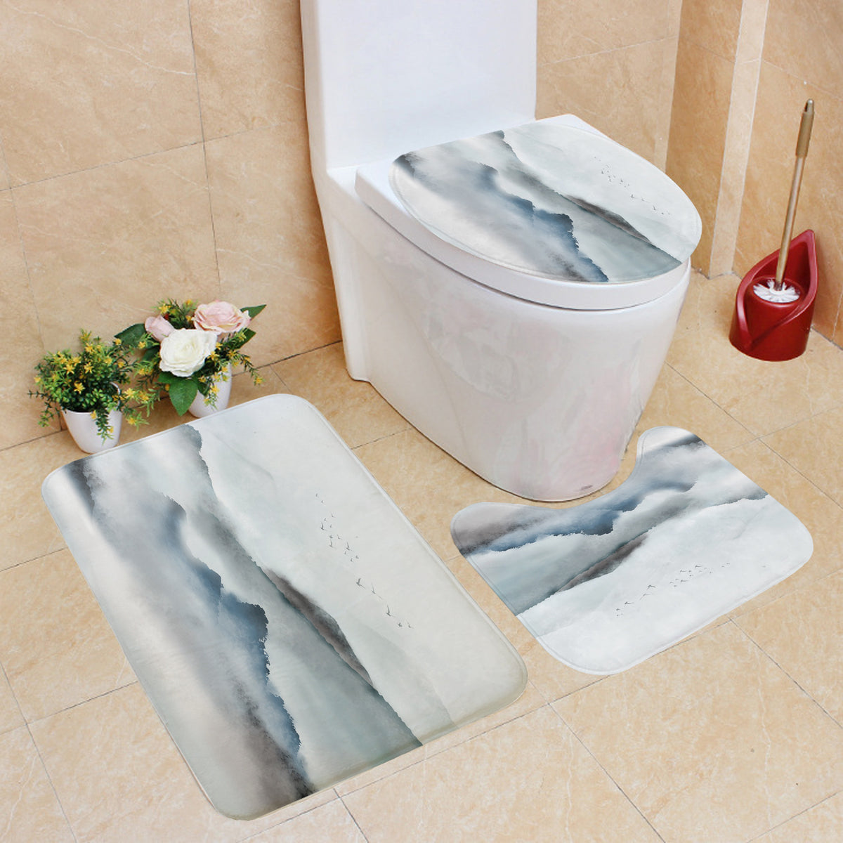 Digital Printing Polyester Bathroom Shower Curtain with Chinese Landscape Design