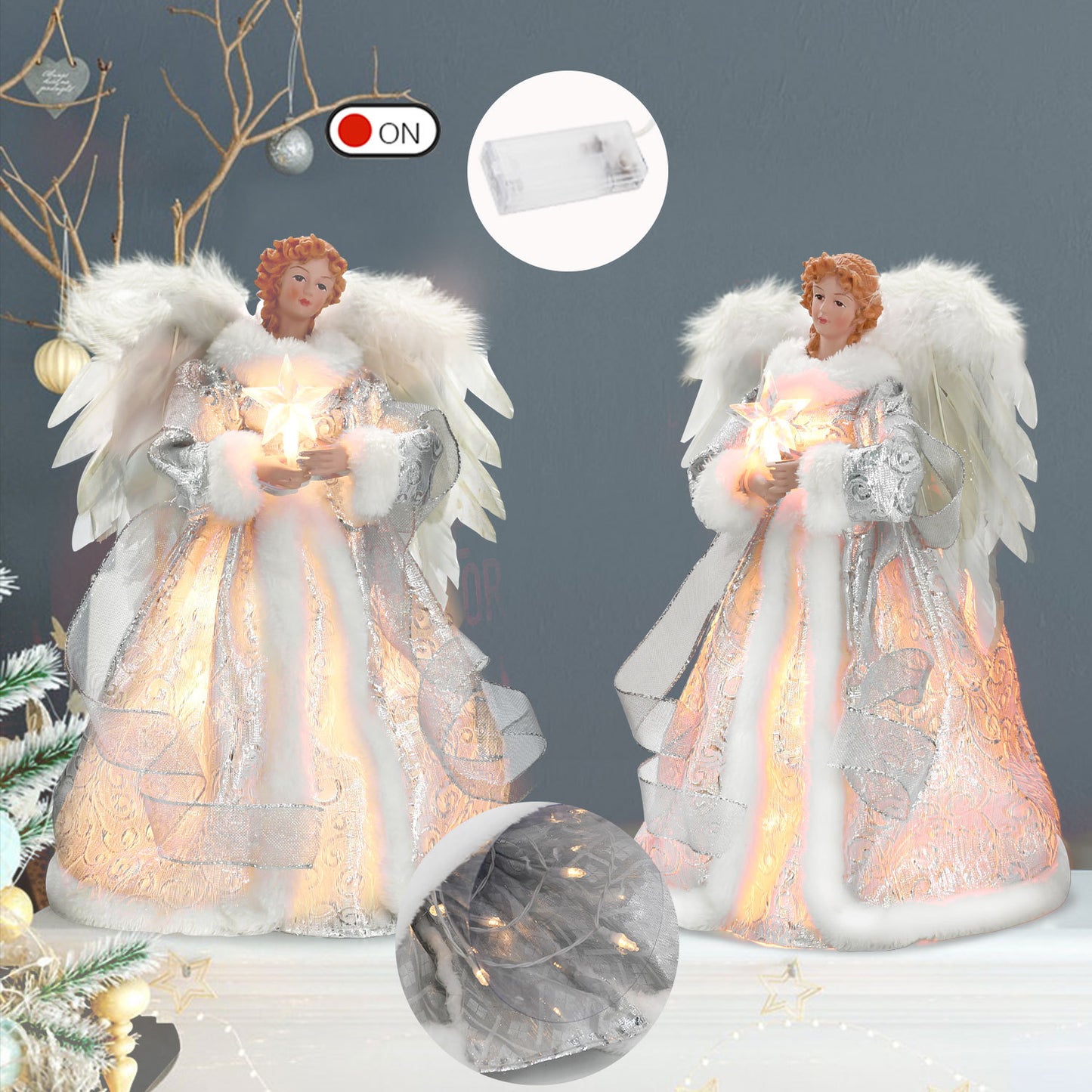 Christmas Tree Topper Angel Light Decoration - Silver & Gold Variants