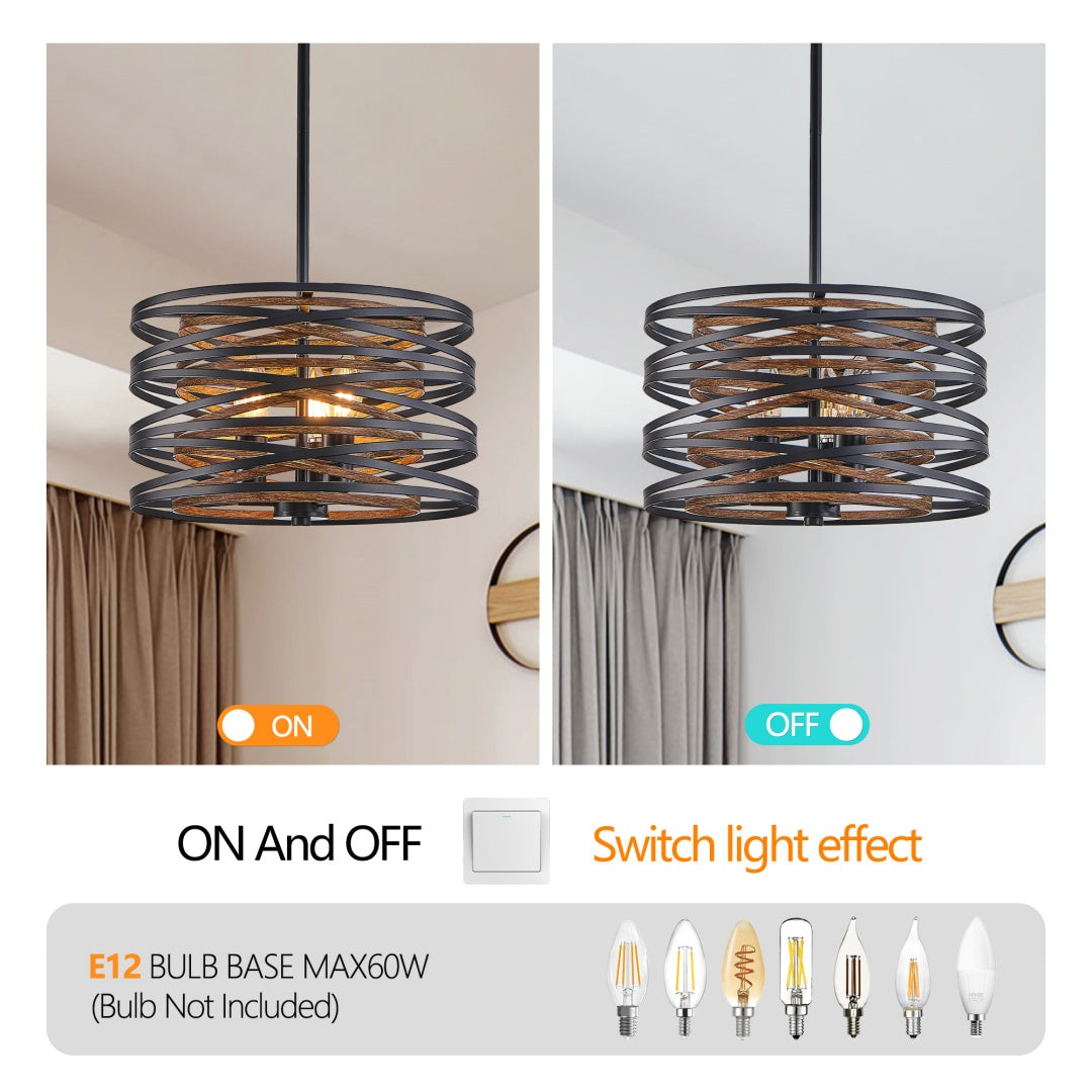 3-Light Industrial Pendant Chandelier with Wood Accents