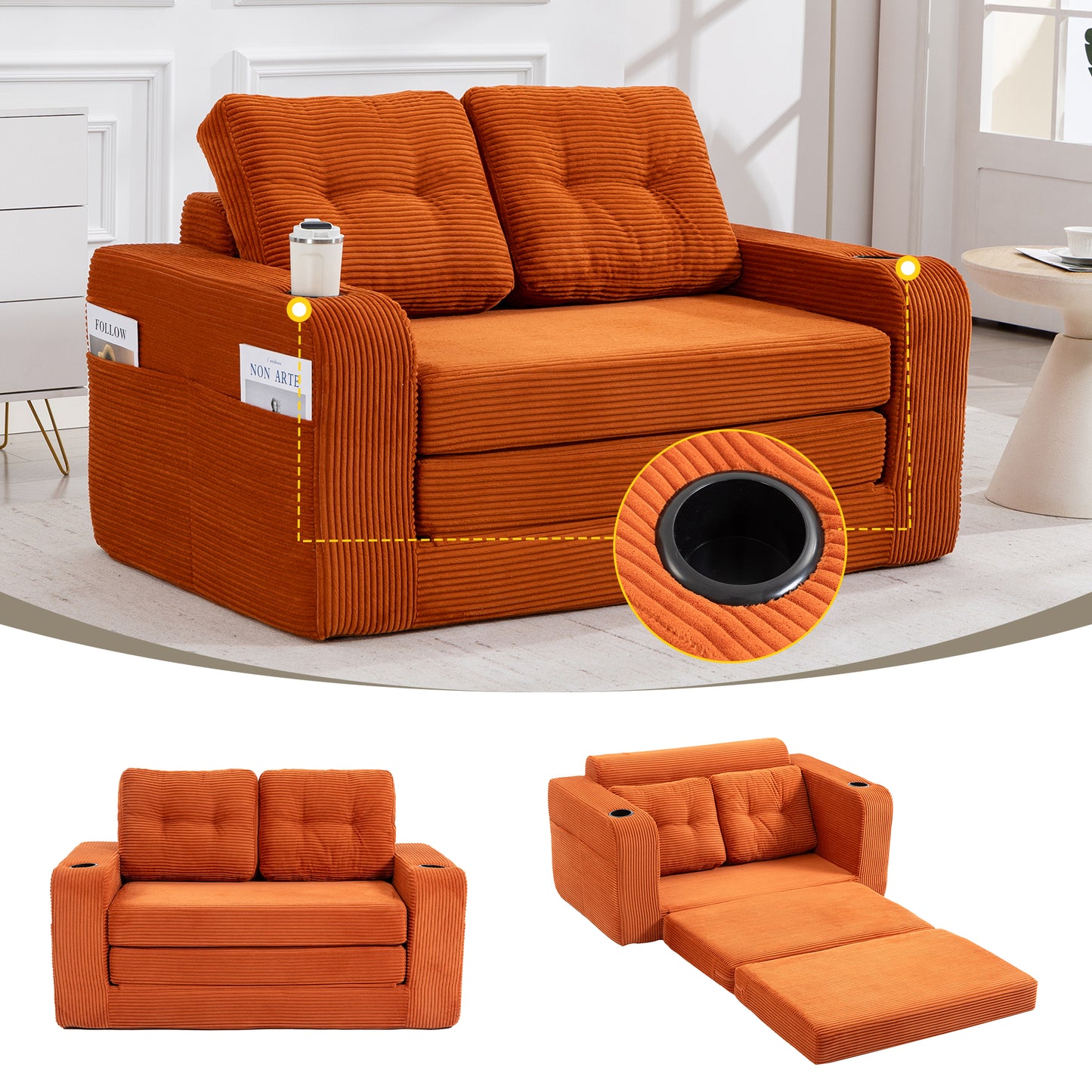 Convertible Sofa Bed - Expandable Floor Couch with Pillows - Orange