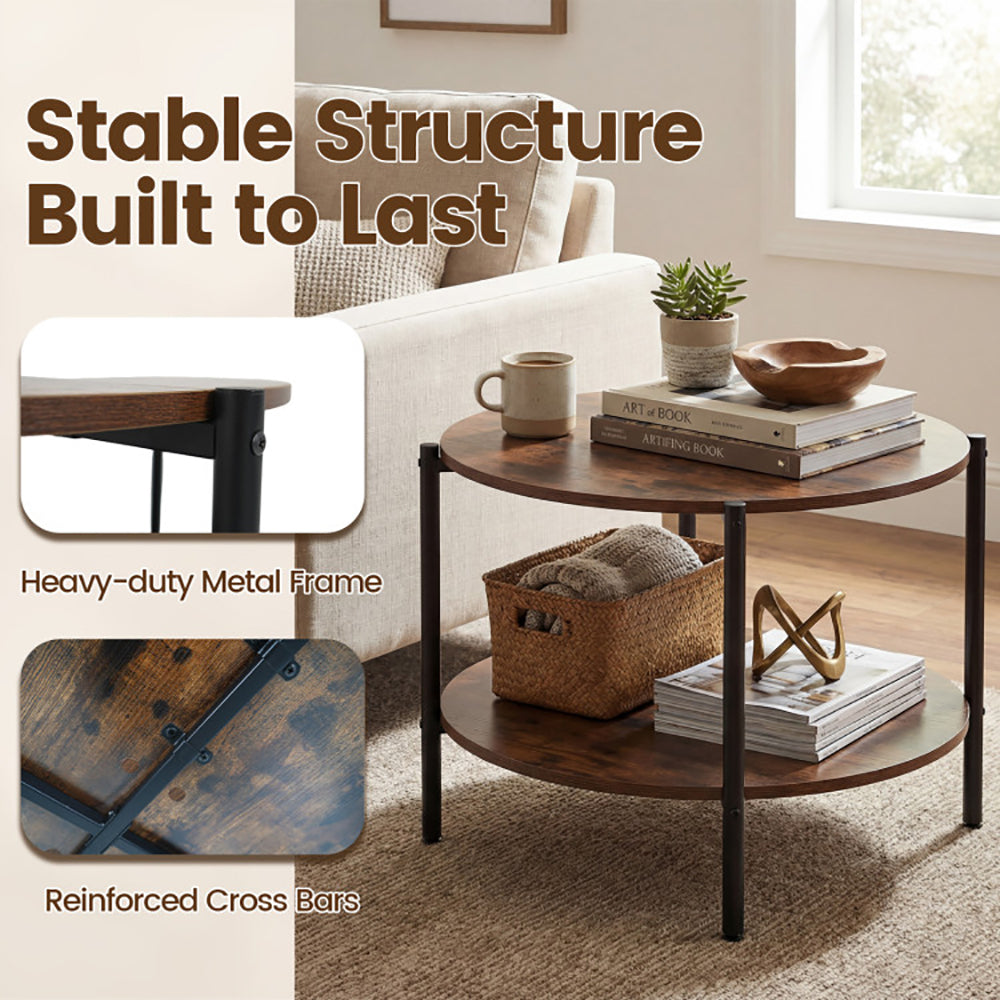 Round Coffee Table 2-Tier Industrial Accent With Open Storage Shelf