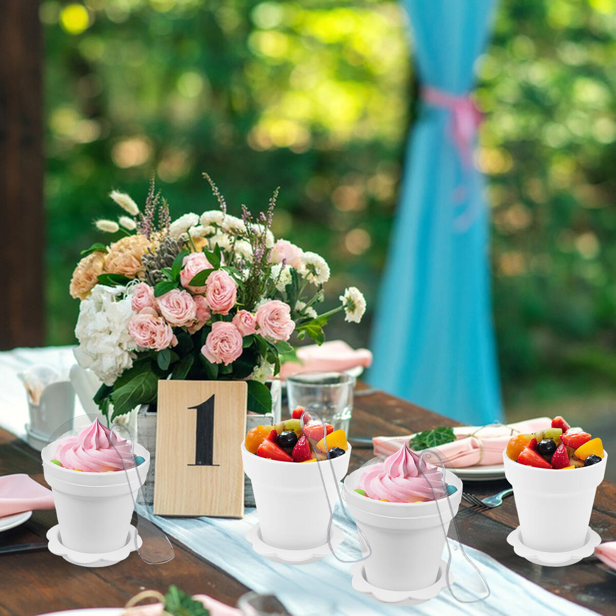 40 Pcs White Flowerpot Dessert Cups with Lids & Spoons