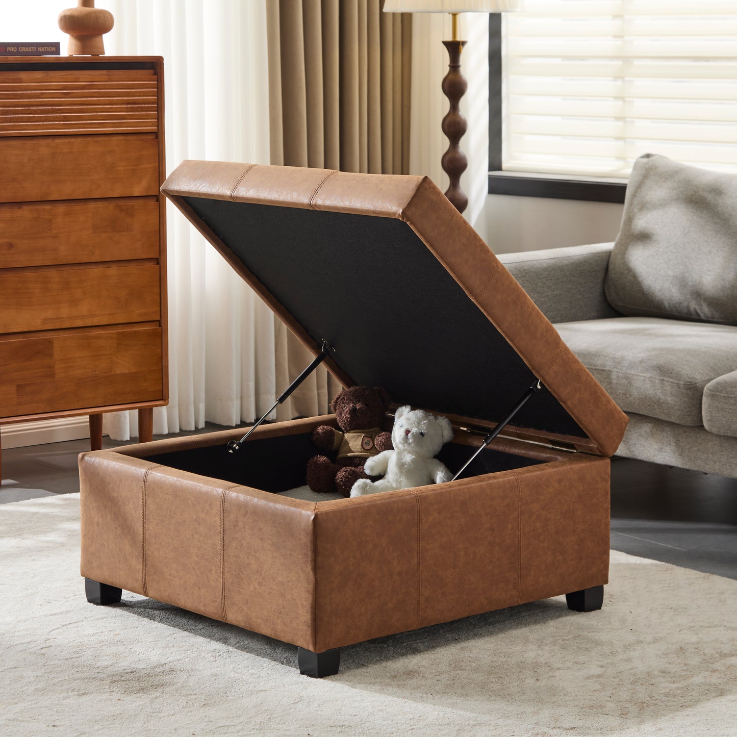 35" Brown Faux Leather Storage Ottoman with Lift-Top