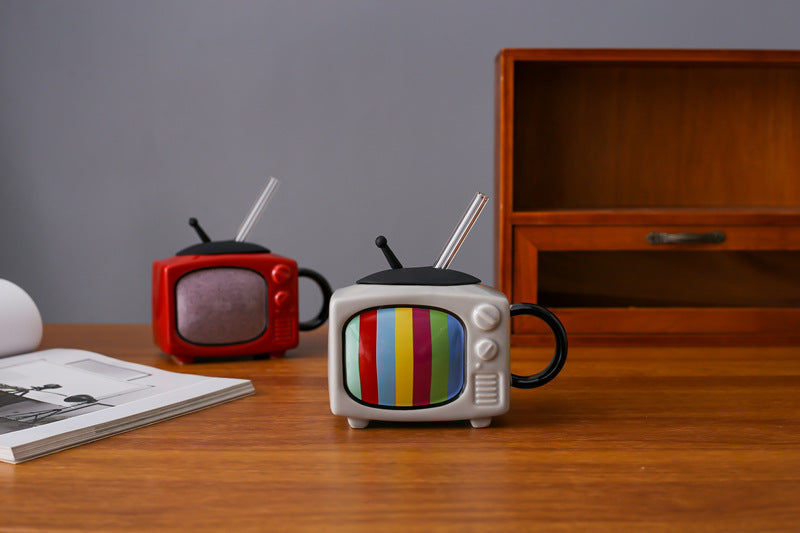 Creative Retro TV Ceramic Cup with Lid and Handle - 450ml, Multiple Colors
