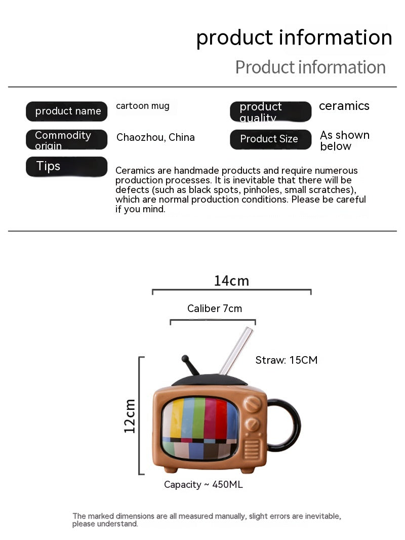 Creative Retro TV Ceramic Cup with Lid and Handle - 450ml, Multiple Colors
