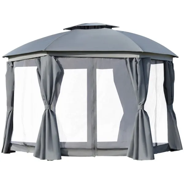 144" Round Outdoor Gazebo with Double Roof Canopy - Grey