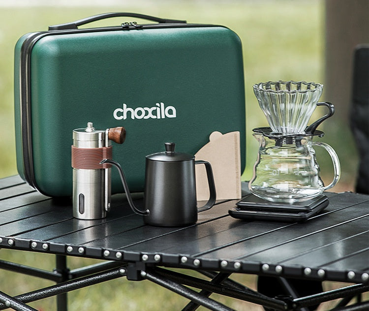 Portable Coffee Maker Set with Hand Grinder and Accessories - Suitcase Packaging
