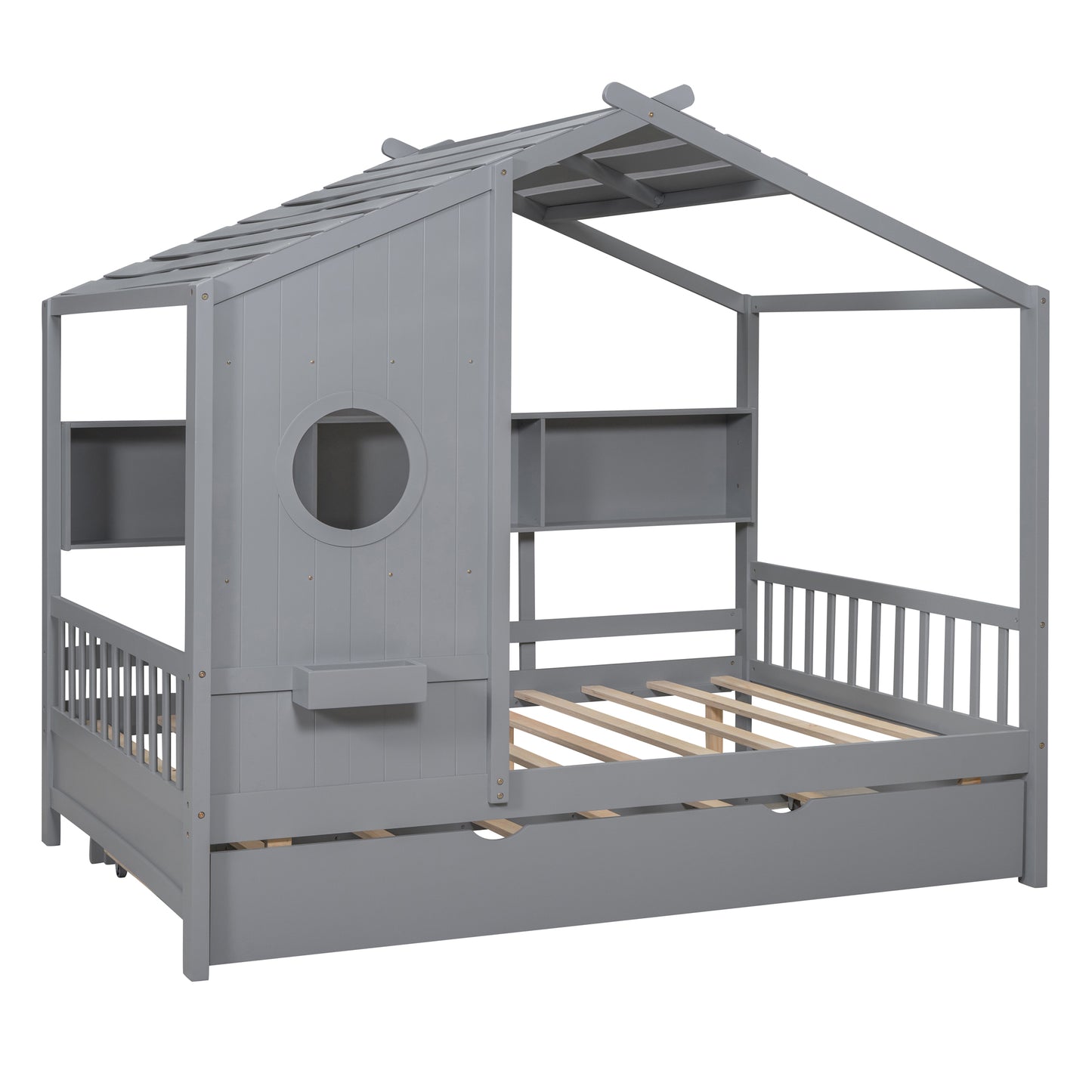 Wooden Full Size House Bed With Trundle, Modern Design For Kids
