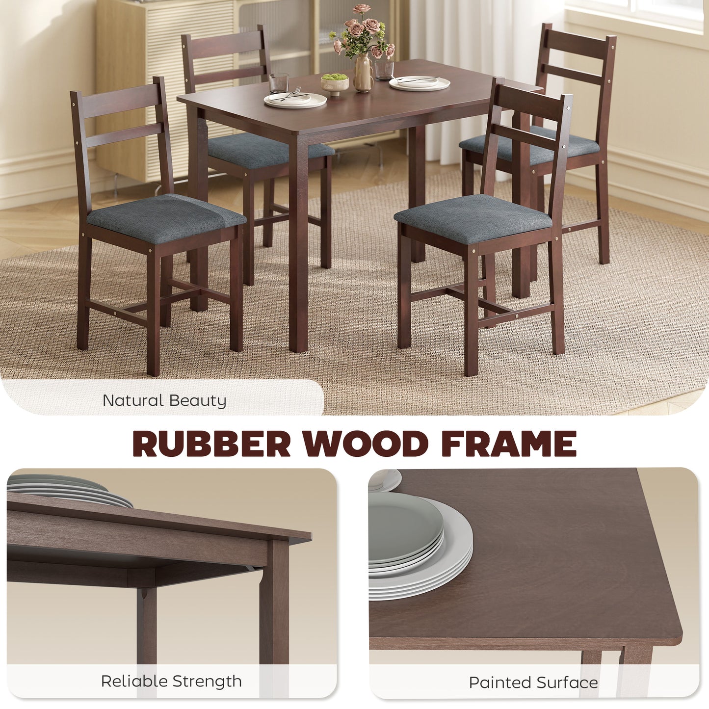 5-Piece Solid Wood Dining Table Set for 4, Farmhouse Kitchen with