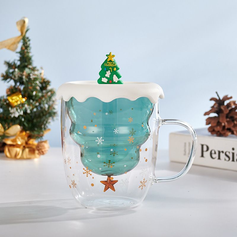 Christmas Tree Mug Double Walled Borosilicate Glass Cup with Handle - Holiday Drinkware