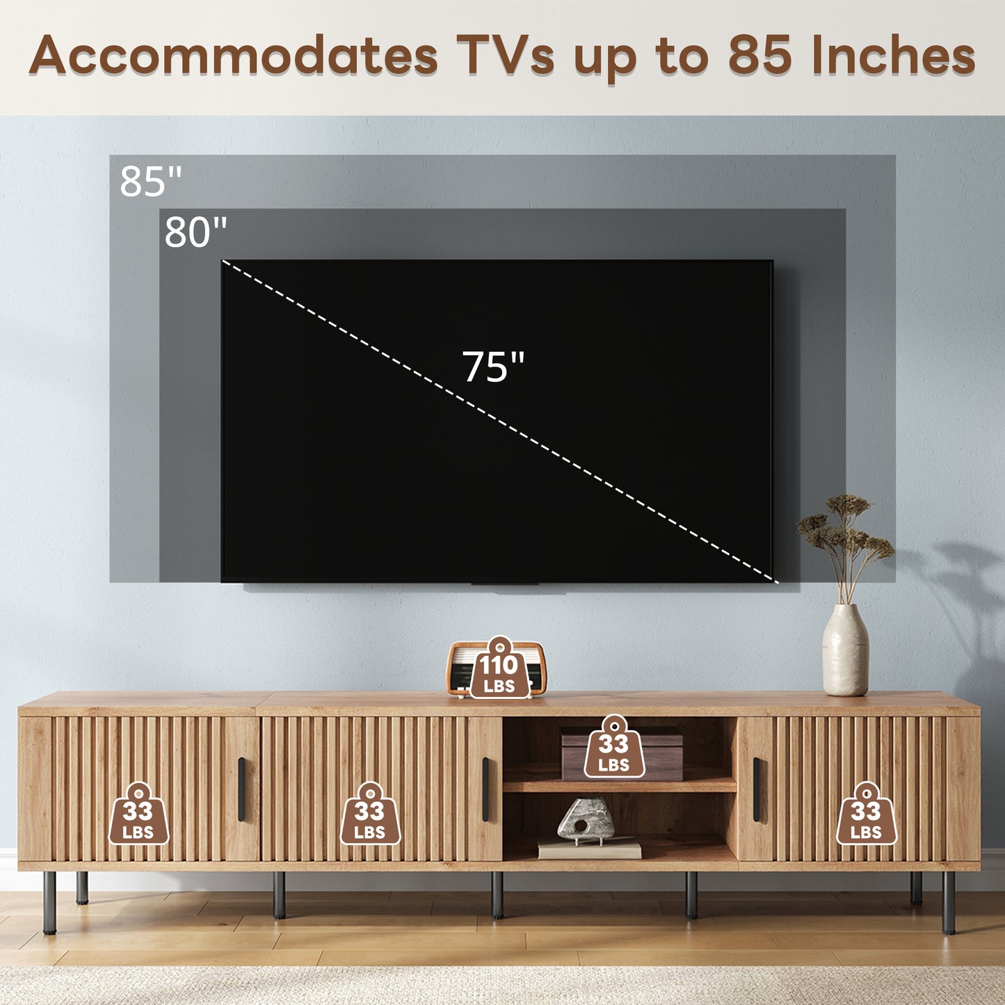 78-Inch Modern TV Stand for TVs Up to 85" - Natural Wood Finish