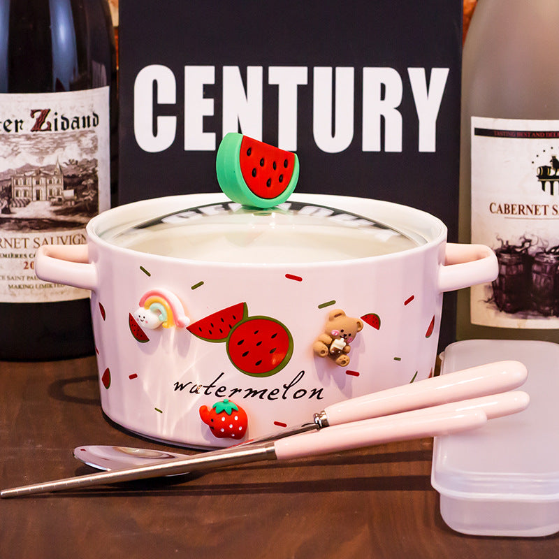 Ceramic Noodle Bowl with Lid and Ears - Strawberry Design, Easy to Clean