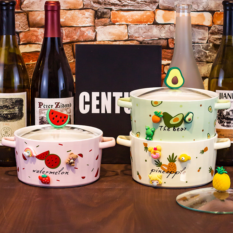 Ceramic Noodle Bowl with Lid and Ears - Strawberry Design, Easy to Clean