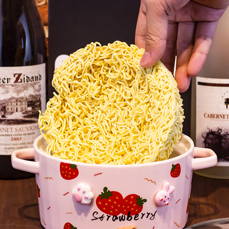 Ceramic Noodle Bowl with Lid and Ears - Strawberry Design, Easy to Clean