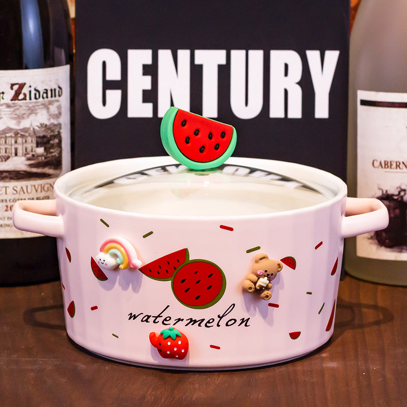 Ceramic Noodle Bowl with Lid and Ears - Strawberry Design, Easy to Clean