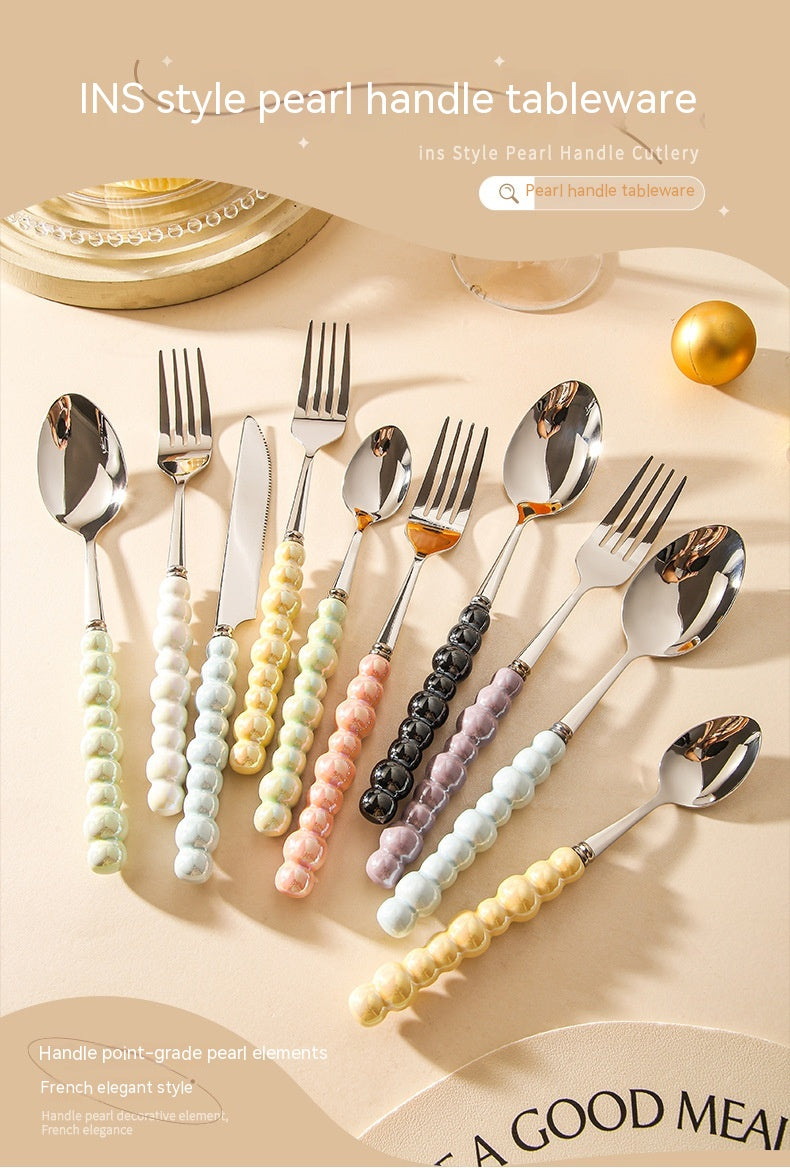Ceramic Pearl Handle Cutlery Set - Spoon Fork Knife Household Dinnerware