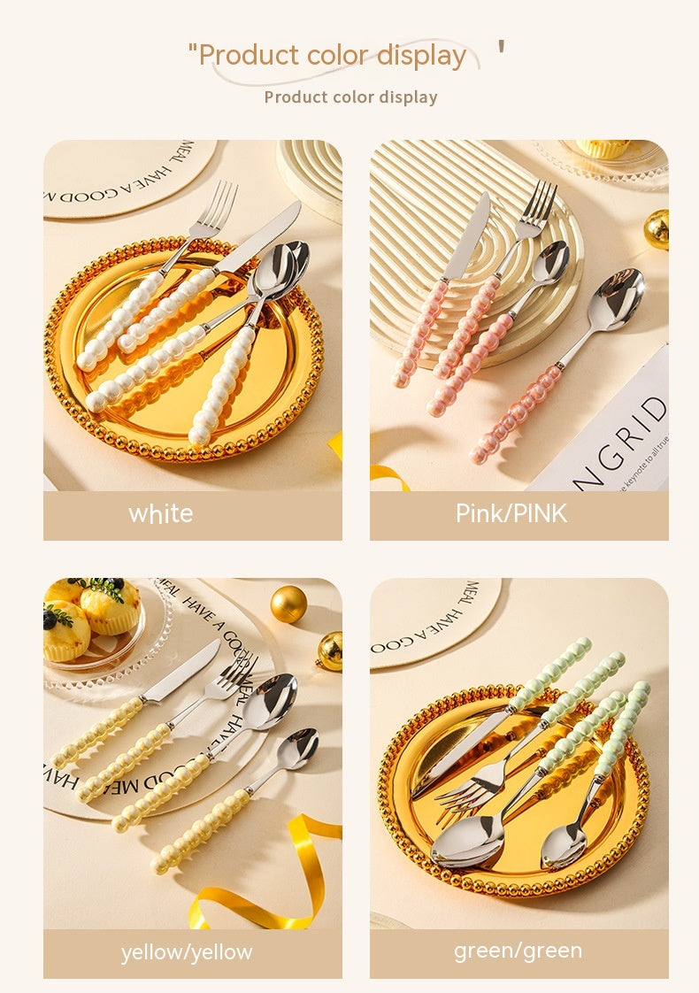 Ceramic Pearl Handle Cutlery Set - Spoon Fork Knife Household Dinnerware