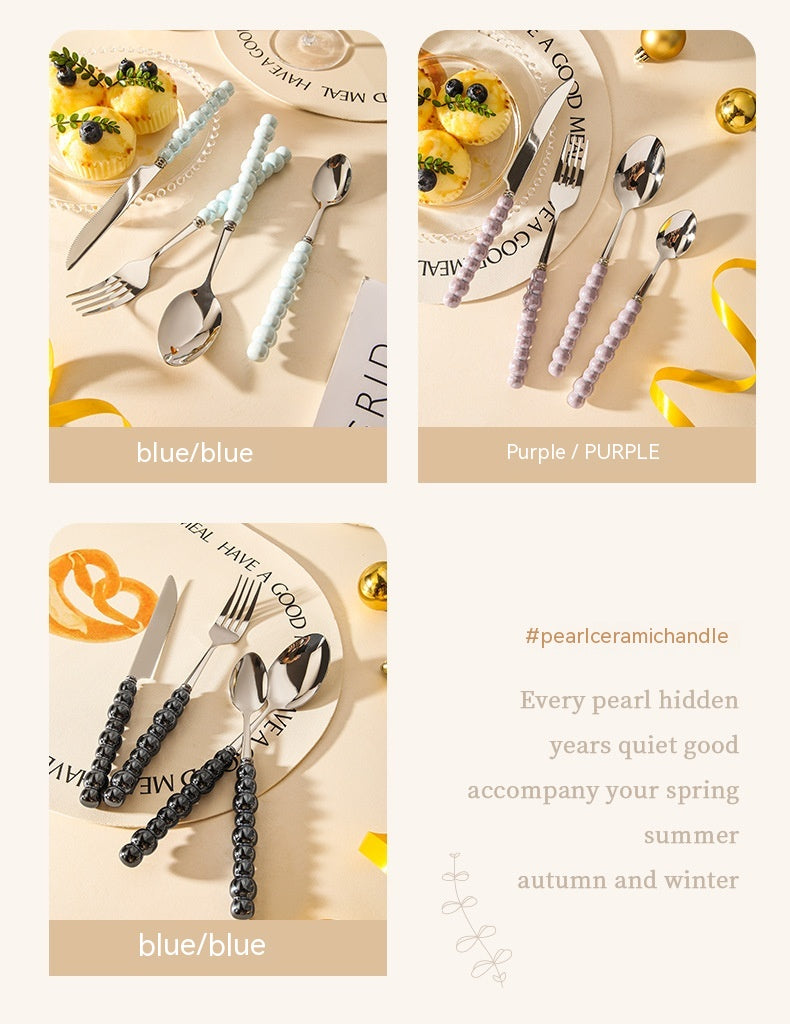 Ceramic Pearl Handle Cutlery Set - Spoon Fork Knife Household Dinnerware