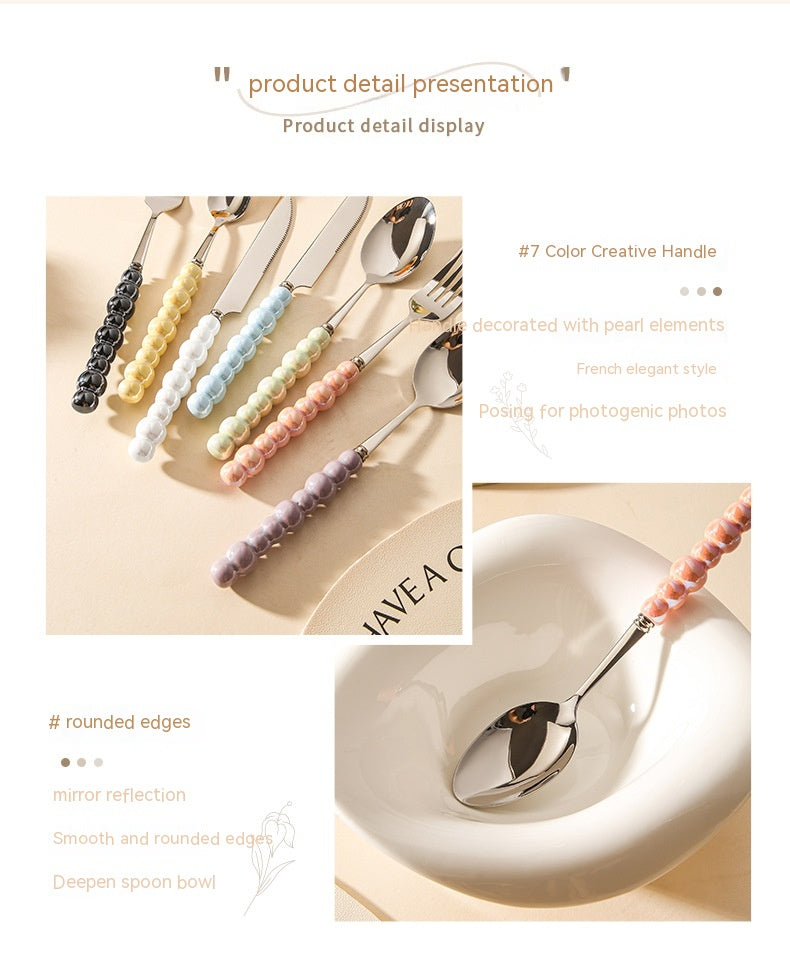 Ceramic Pearl Handle Cutlery Set - Spoon Fork Knife Household Dinnerware