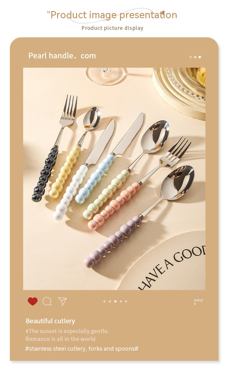 Ceramic Pearl Handle Cutlery Set - Spoon Fork Knife Household Dinnerware