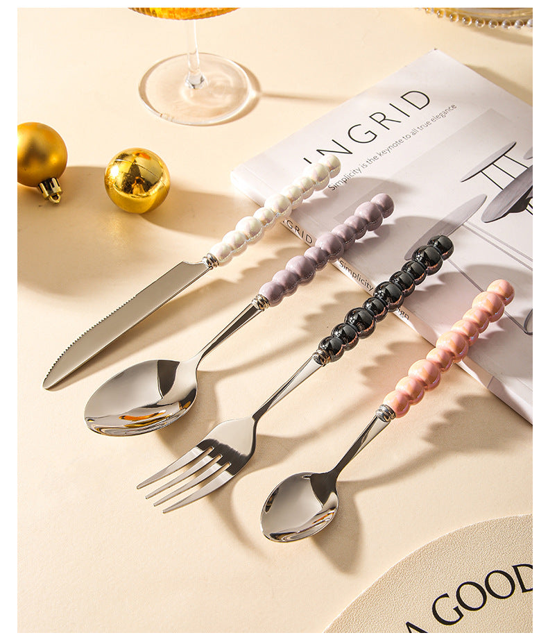 Ceramic Pearl Handle Cutlery Set - Spoon Fork Knife Household Dinnerware
