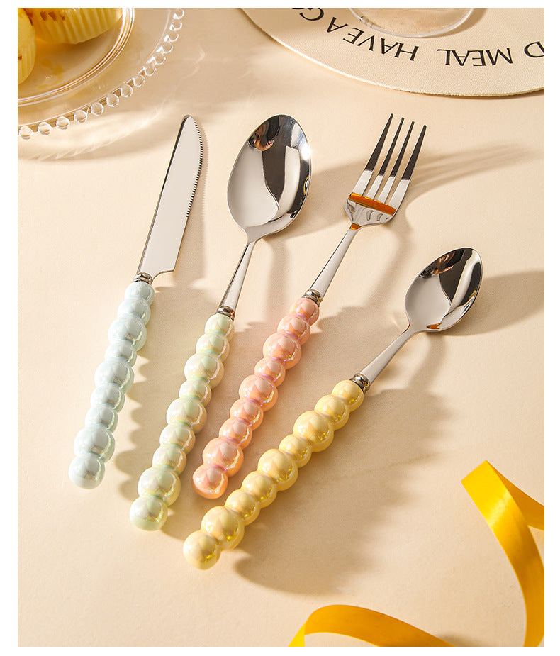 Ceramic Pearl Handle Cutlery Set - Spoon Fork Knife Household Dinnerware