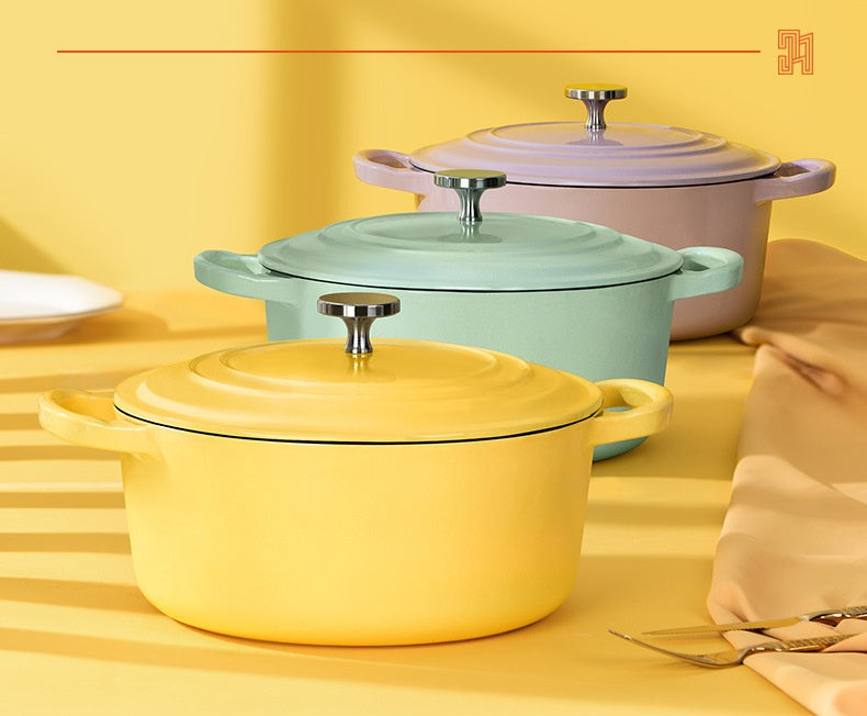Enamel Cast Iron Soup Pot with Thickened Wall - 2.1-3L, Multiple Colors