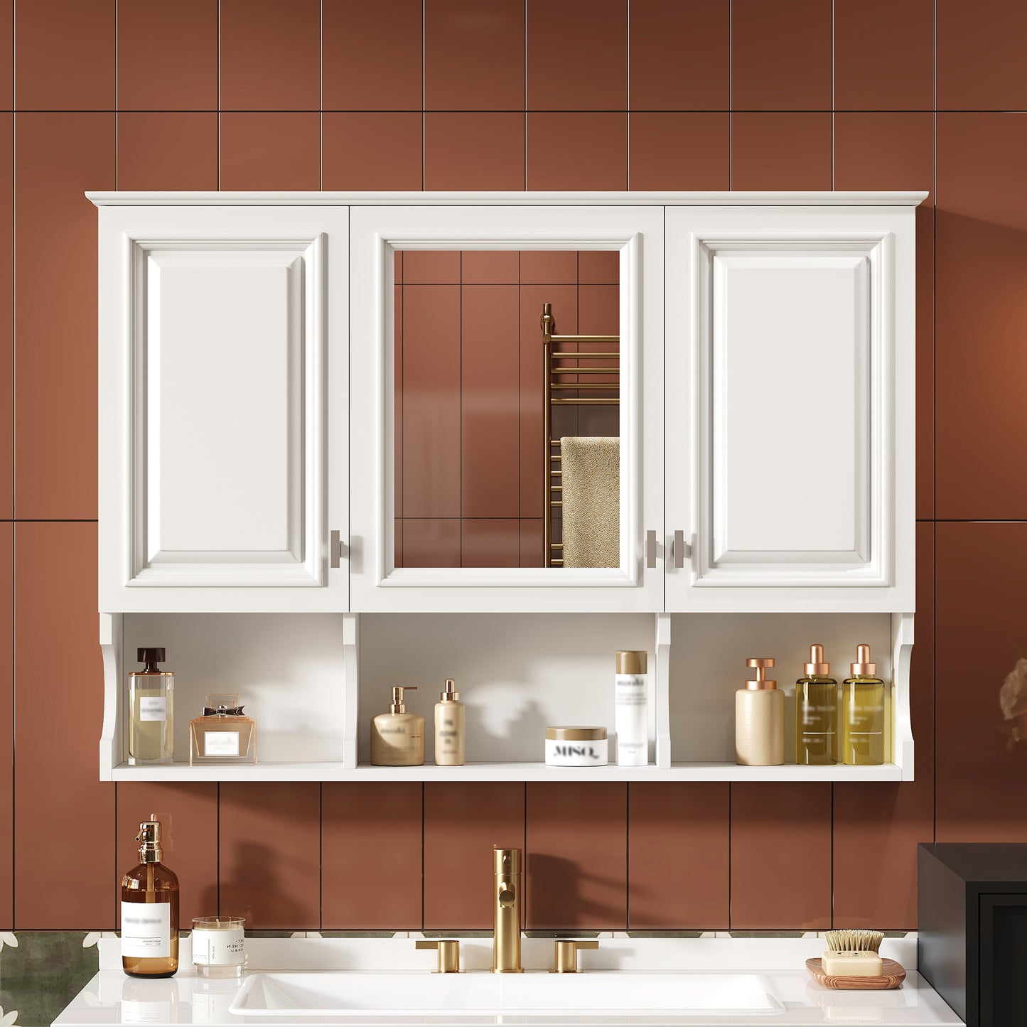 41 Inch Mirror Medicine Cabinet With Open Shelves, Wall Mounted Home