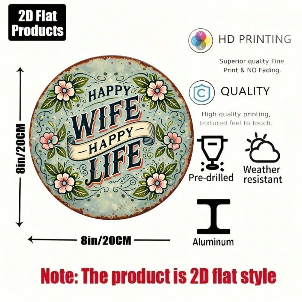 Vintage Happy Wife Happy Life Round Marriage Sign - Tin