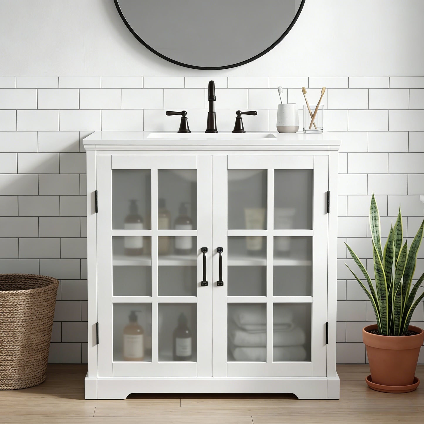 30" Modern Bathroom Vanity with Ceramic Sink & Storage - White
