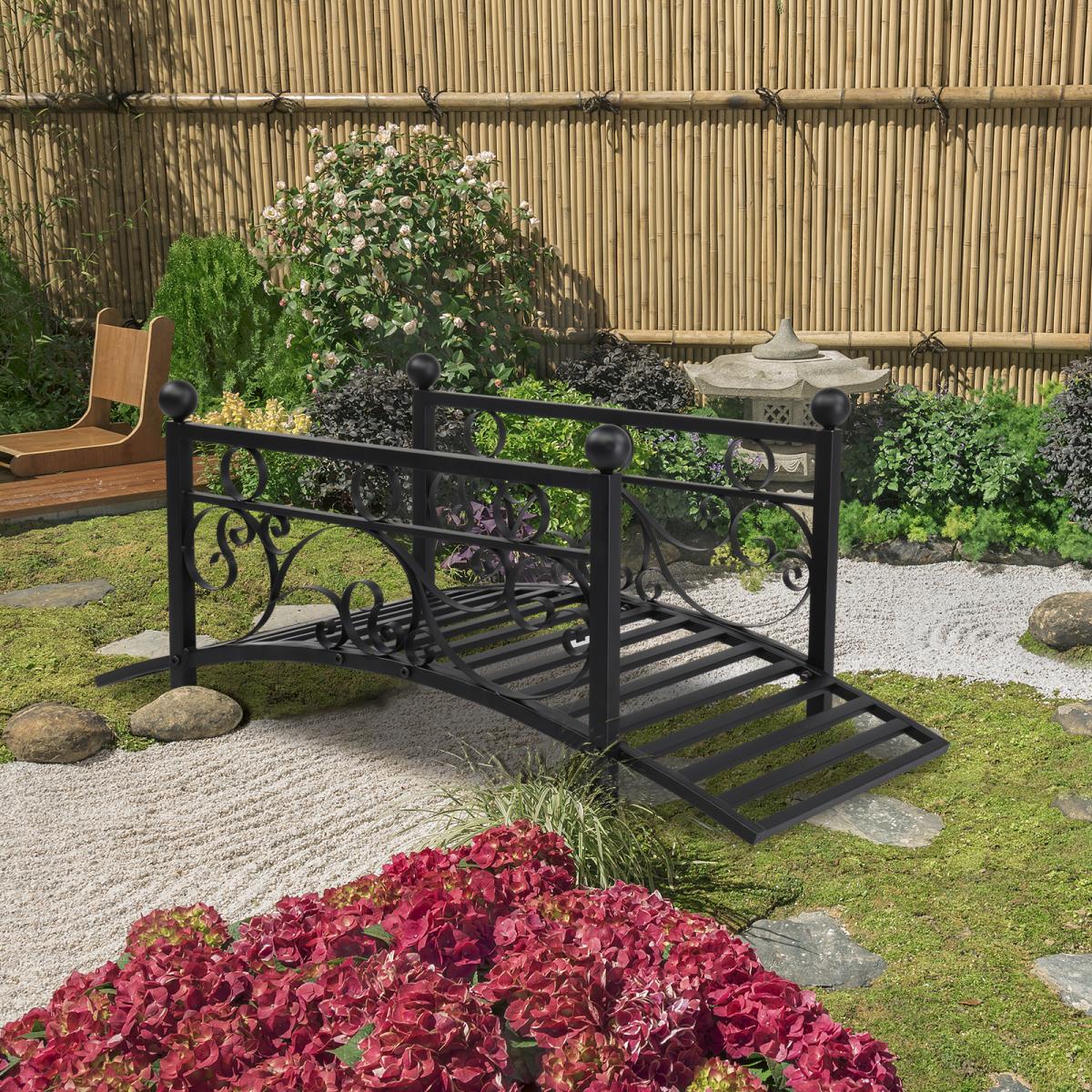 Metal Garden Bridge Outdoor Patio Pond Bridge with Powder-Coated Finish and Security Guardrail - Black