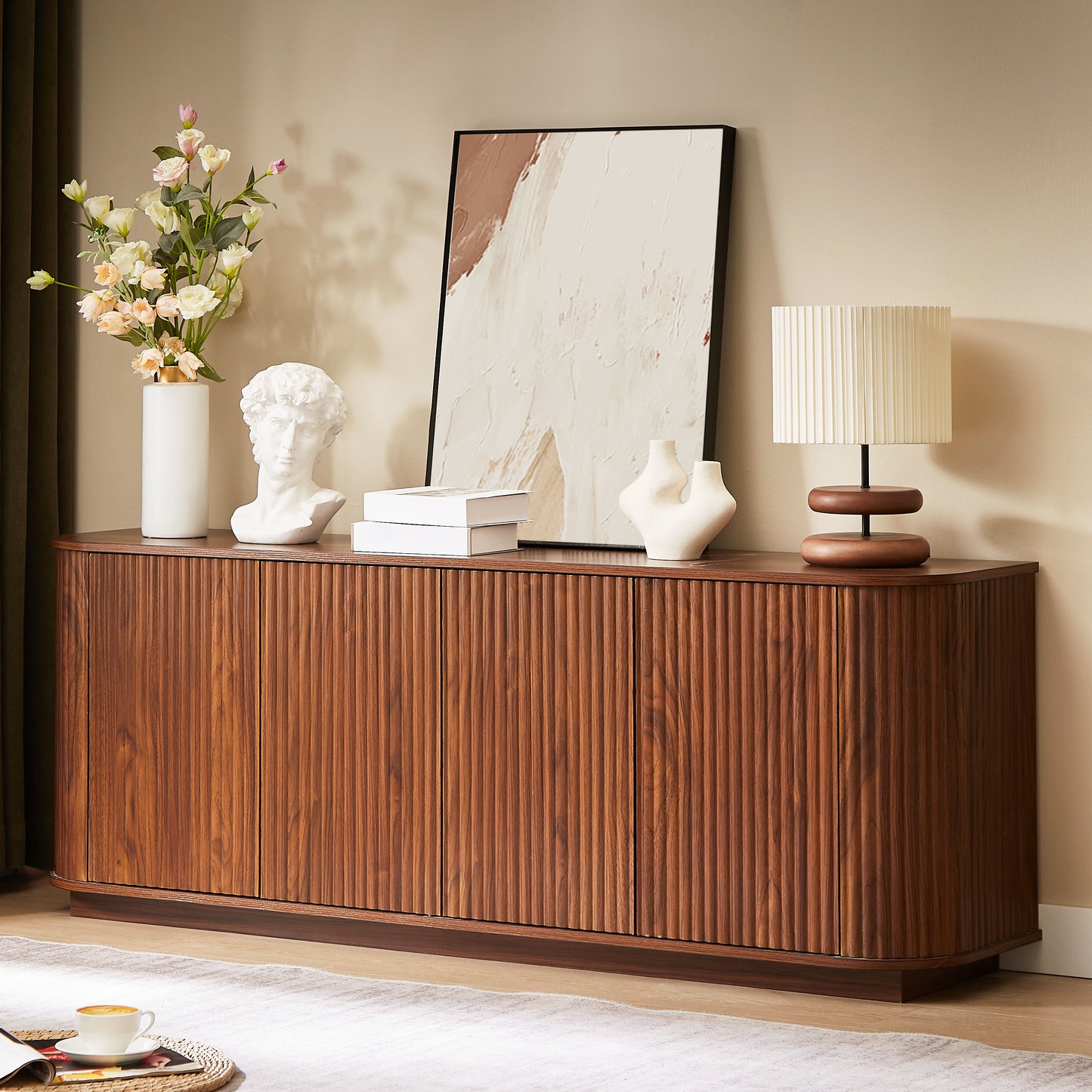 Walnut Sideboard Storage Cabinet with Wave Pattern - 64"
